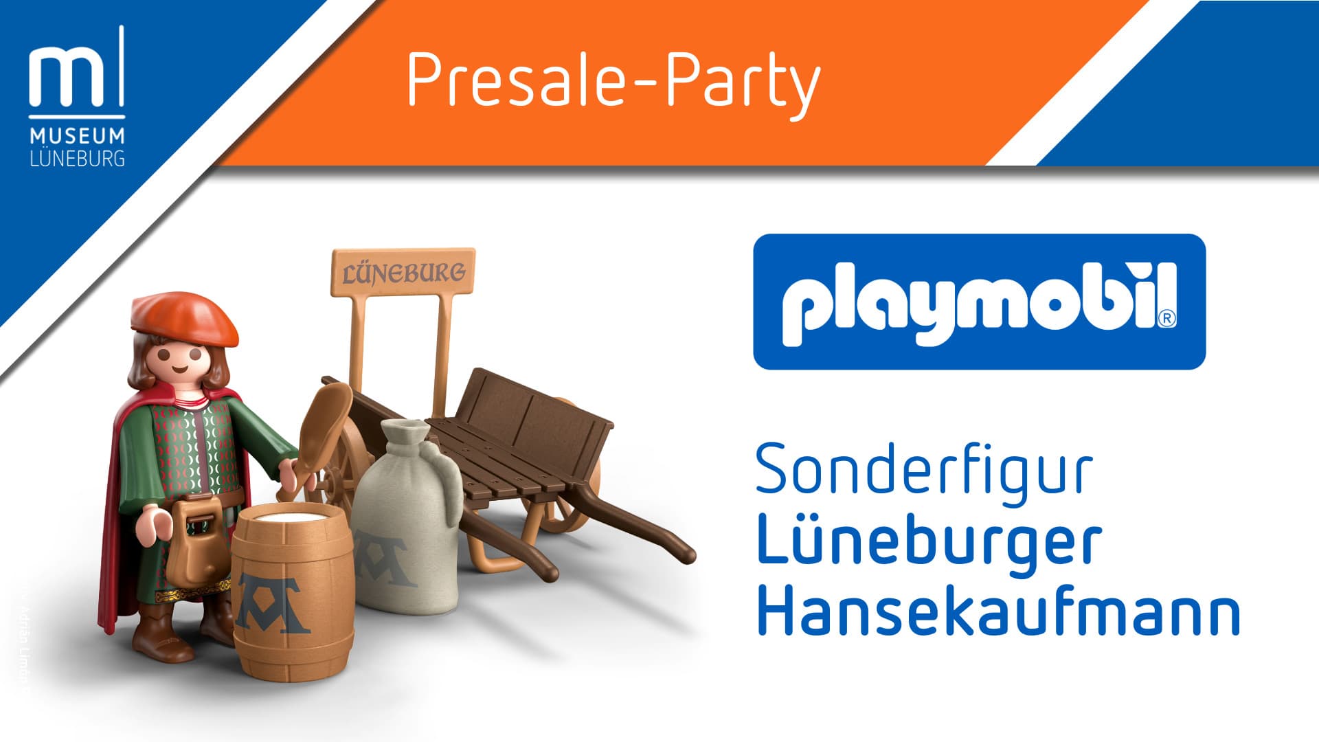 Werbegrafik zur Vorverkaufsfeier mit PLAYMOBIL-Figur Lüneburger Hansekaufmann.