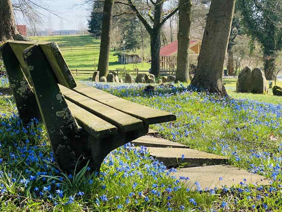 Der philosophische Steingarten bietet zahlreiche Bänke zum verweilen.