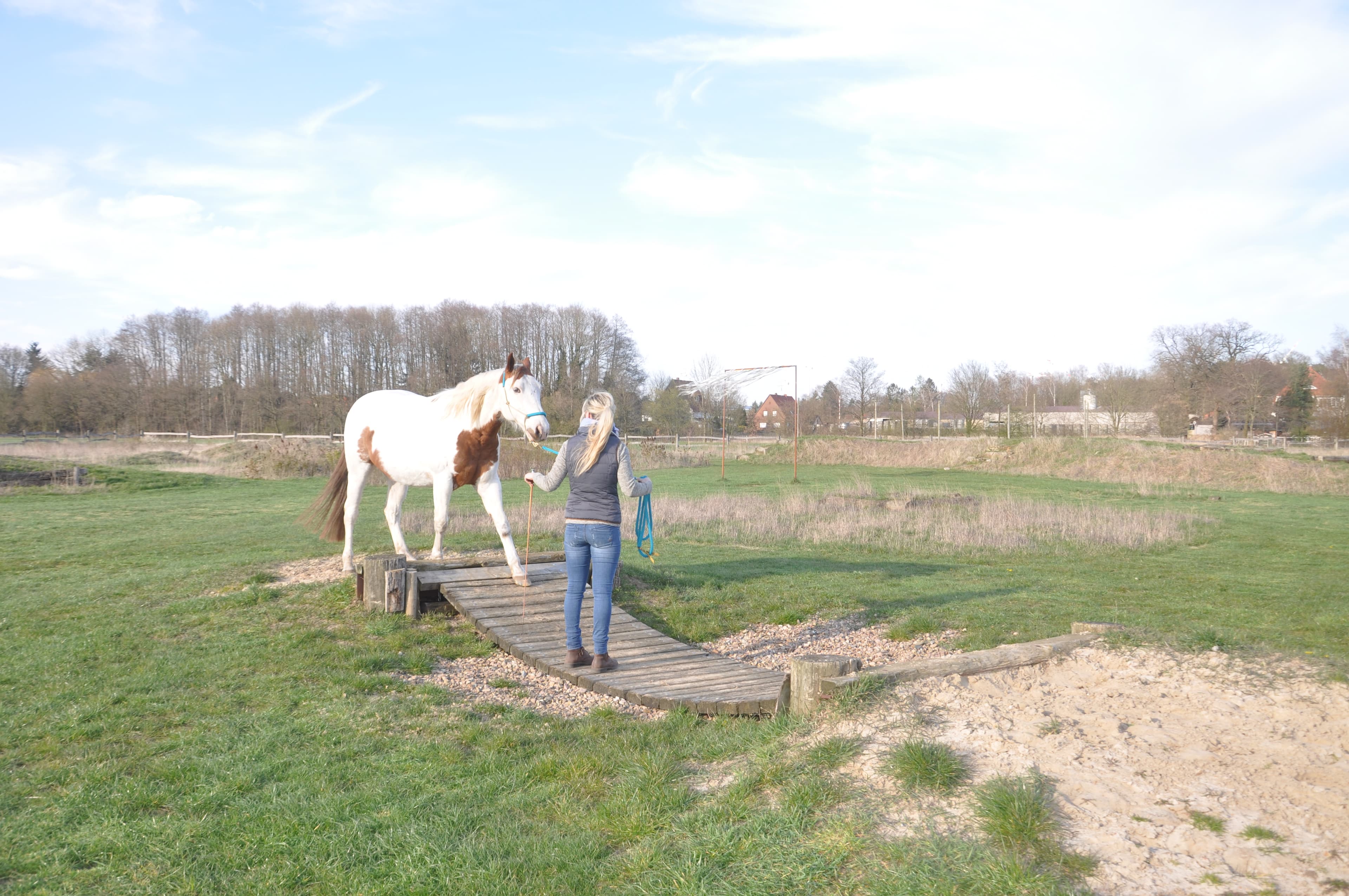 Trainerin mit Pferd auf dem heidehorstrail