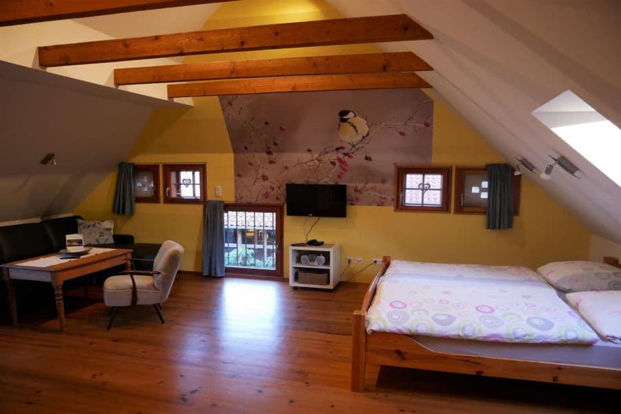 Wohn- und Schlafbereich der Ferienwohnung Meisennest auf dem Ferienhof Holste