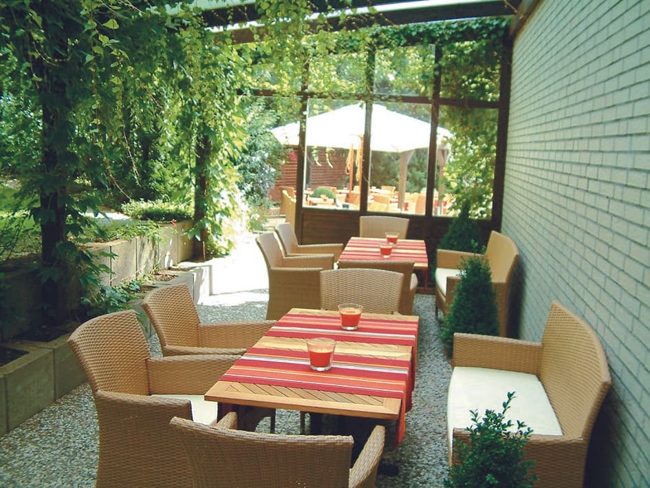 Überdachte Gartenterrasse Kur- und Kneipp Hotel-Pension Zum Goldenen Hirsch