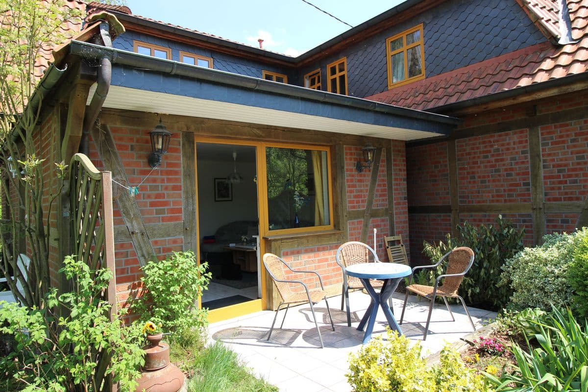 Terrasse kleine Ferienwohnung Scharnebecks Mühle: Ferienwohnungen