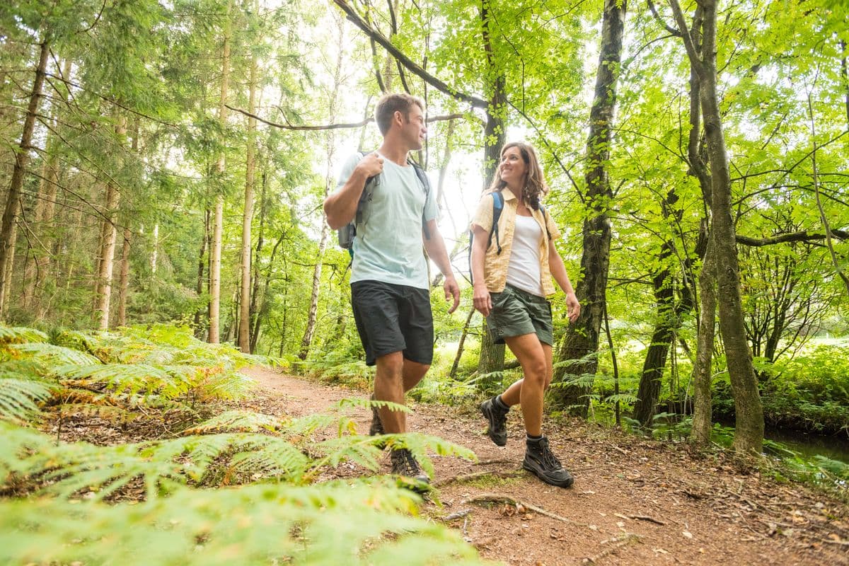 Wanderer auf dem Fluss-Wald-Erlebnispfad