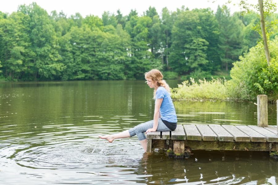 Frau, Yoga, Steg, Wasser, See
