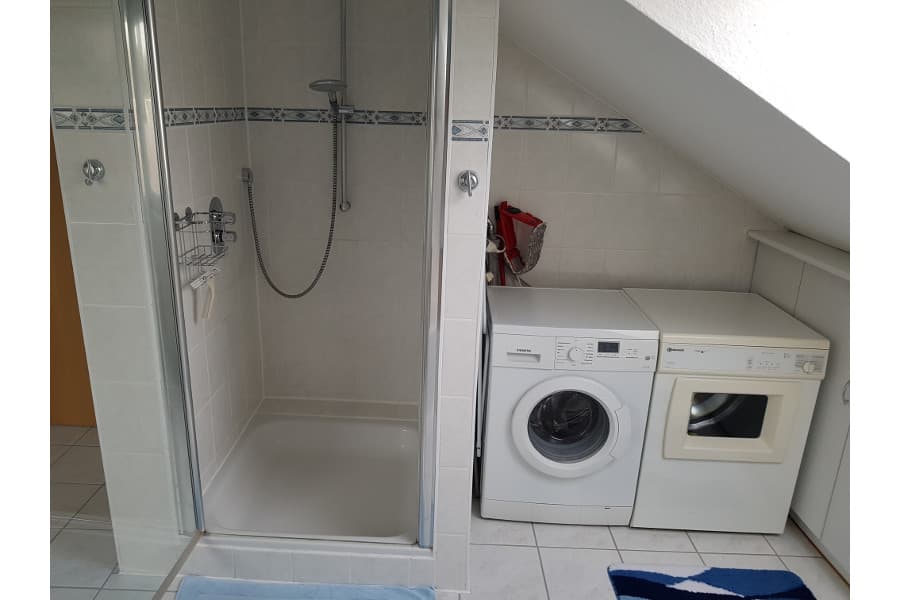 Dusche, Waschmaschine und Trockner in der Sonnigen Ferienwohnung im Waldwinkel in Jesteburg